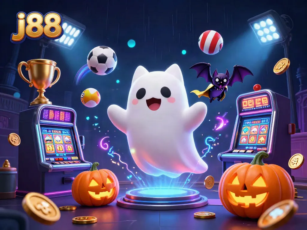 Experience thrilling adventures at j88 casino with a friendly ghost cat and glowing poker suit jack-o-lanterns.