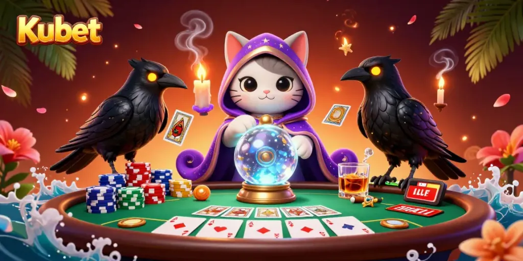Experience thrilling gaming at Kubet with vibrant casino elements in a mystical 3D illustration.