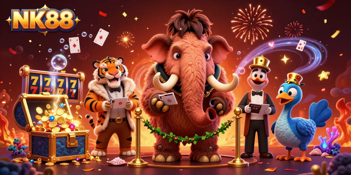 Experience thrilling gaming adventures with NK88 as vibrant casino characters celebrate victory.