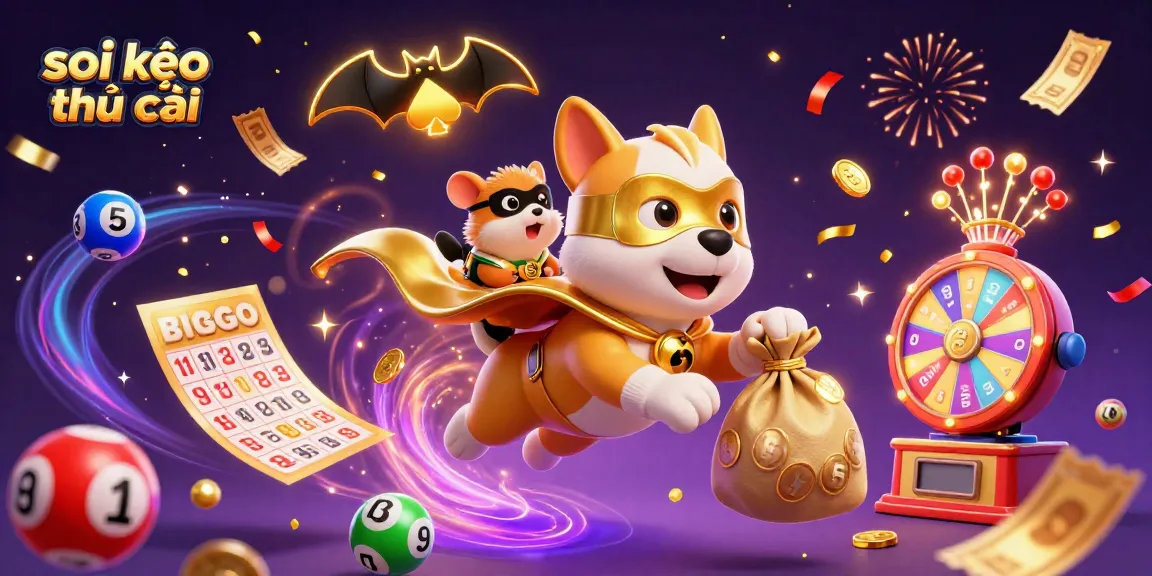 Watch the superhero dog soaring through the sky with gold coins while showcasing soi kèo nhà cái through vibrant casino visuals.