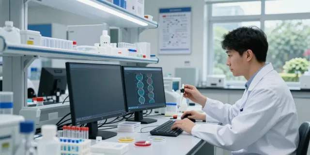 Scientist analyzing h19 gene sequences in a modern lab.