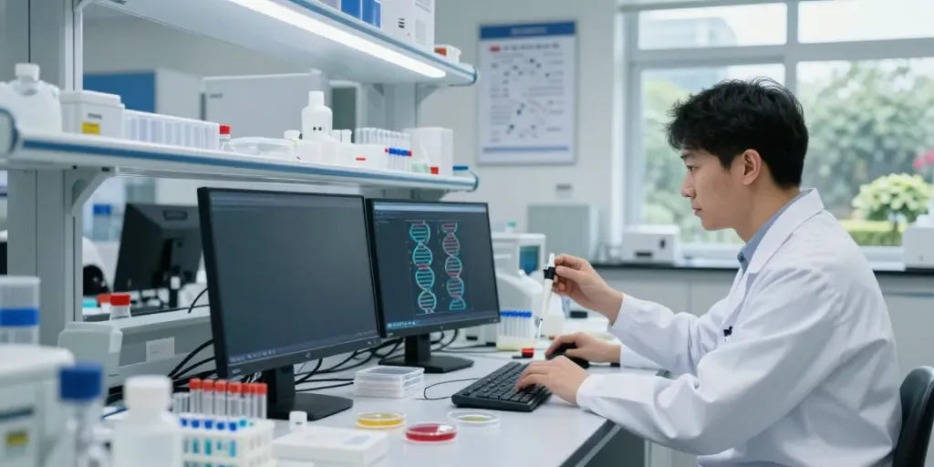 Scientist analyzing h19 gene sequences in a modern lab.