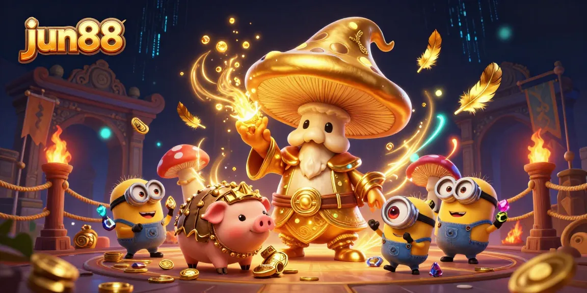 Engage in the thrilling world of jun88 with a magical 3D illustration showcasing a golden mushroom wizard casting spells of fortune.