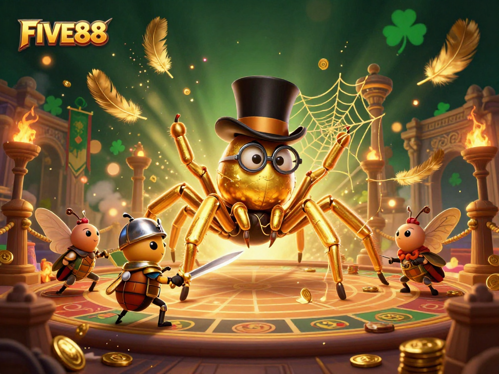 Engage in epic FIVE88 adventures with a golden tarantula and a heroic beetle knight amidst a vibrant casino scene.