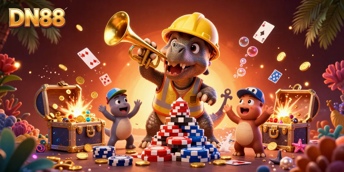 Experience thrilling gambling action with DN88, featuring cheering cartoon dinosaurs and vibrant poker elements.