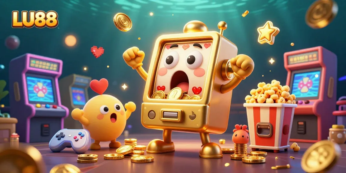 LU88 slot machine hits the jackpot, surrounded by cheering mini slots and game elements, creating a festive casino atmosphere.