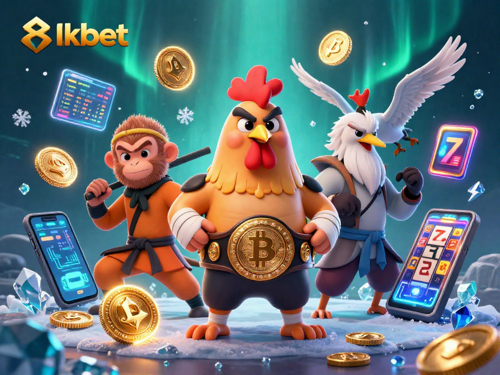Engage with 8kbet's vibrant gaming universe featuring powerful characters and cryptocurrency elements.