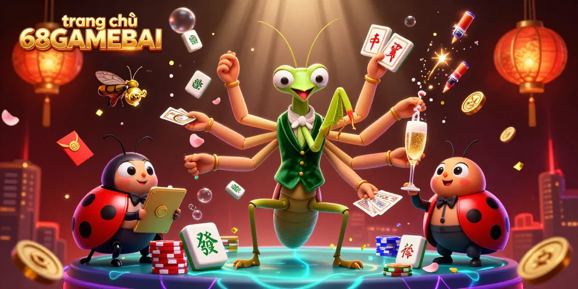 Experience the excitement of trang chủ 68GAMEBAI with a vibrant, cartoonish casino scene featuring a unique praying mantis dealer.