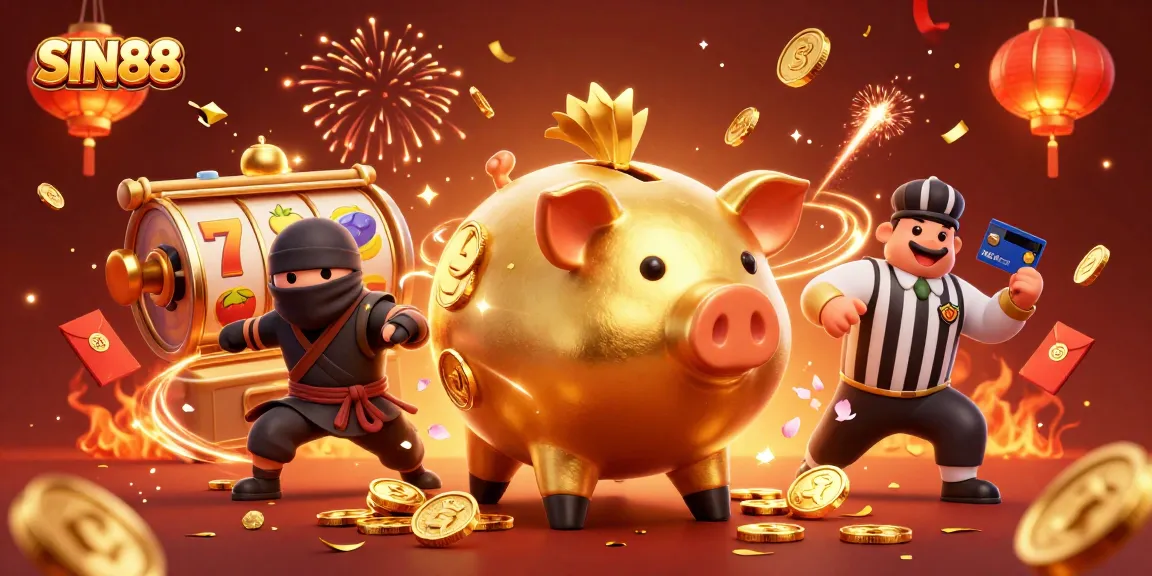 SIN88 features a dynamic casino scene with a golden piggy bank sumo wrestler and vibrant slot game elements.