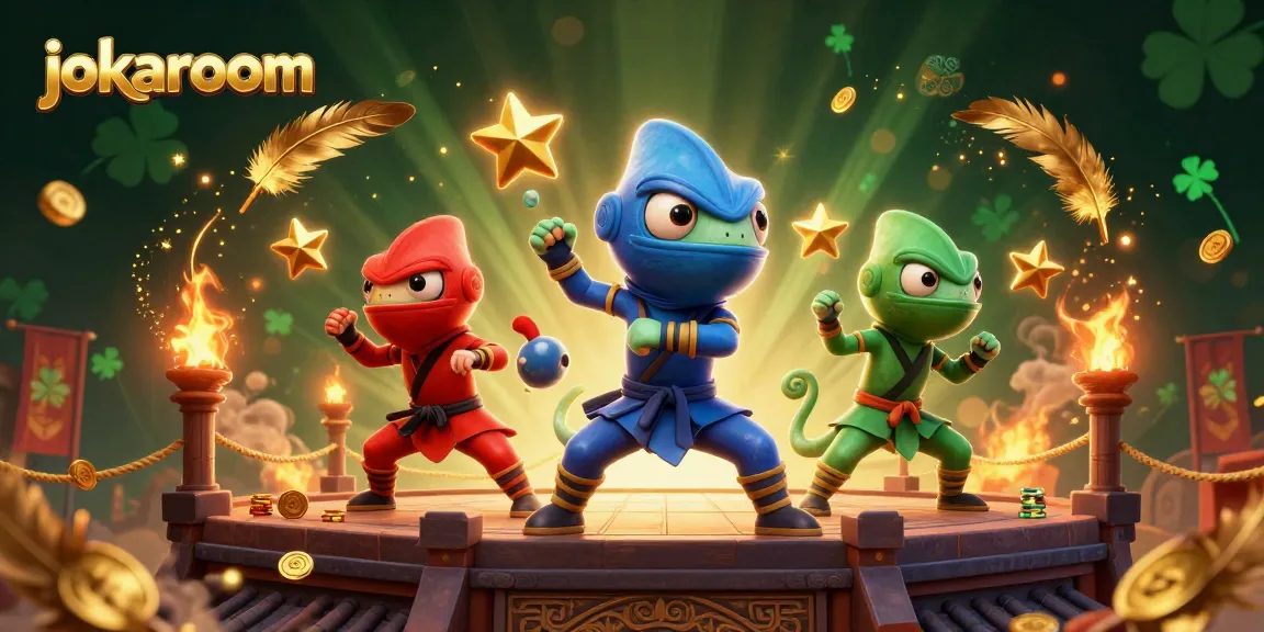 Experience thrilling action in this jokaroom illustration featuring ninja chameleons and vibrant casino elements.