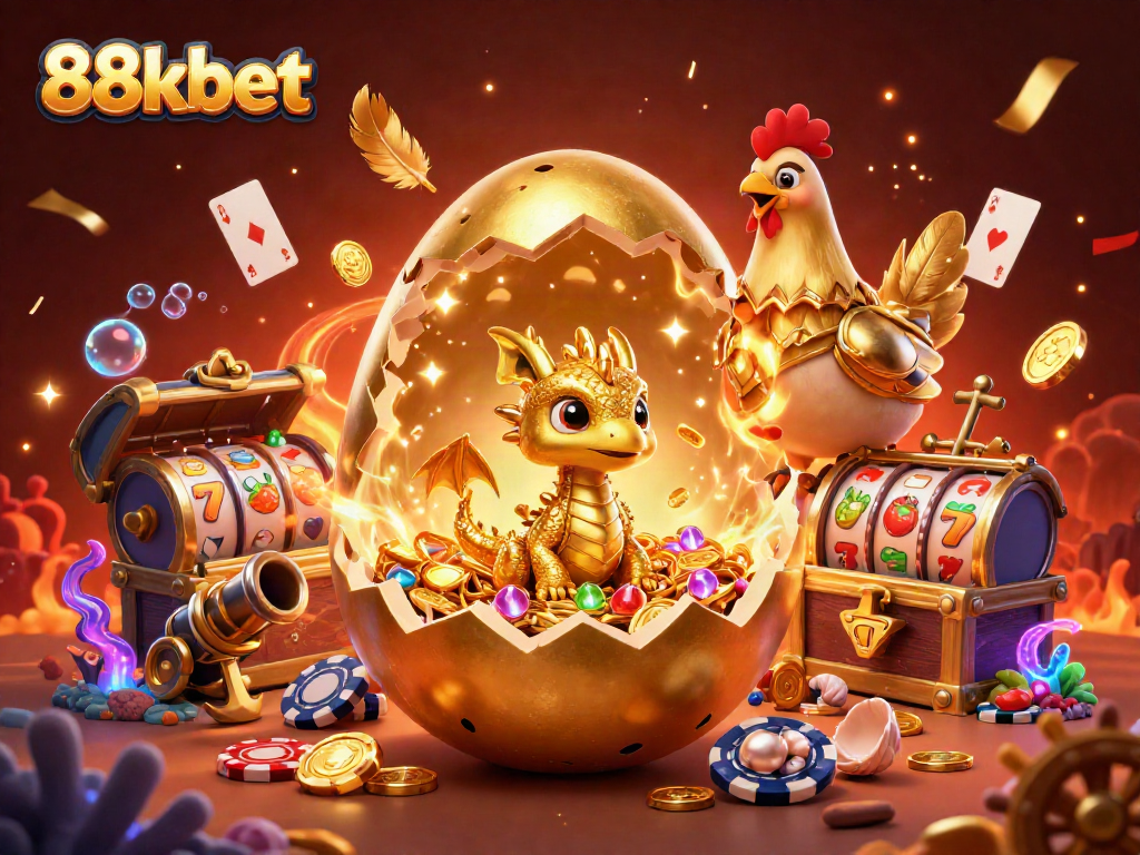Experience the thrill of winning with 88kbet's cartoon illustration showcasing a golden dragon and casino elements.