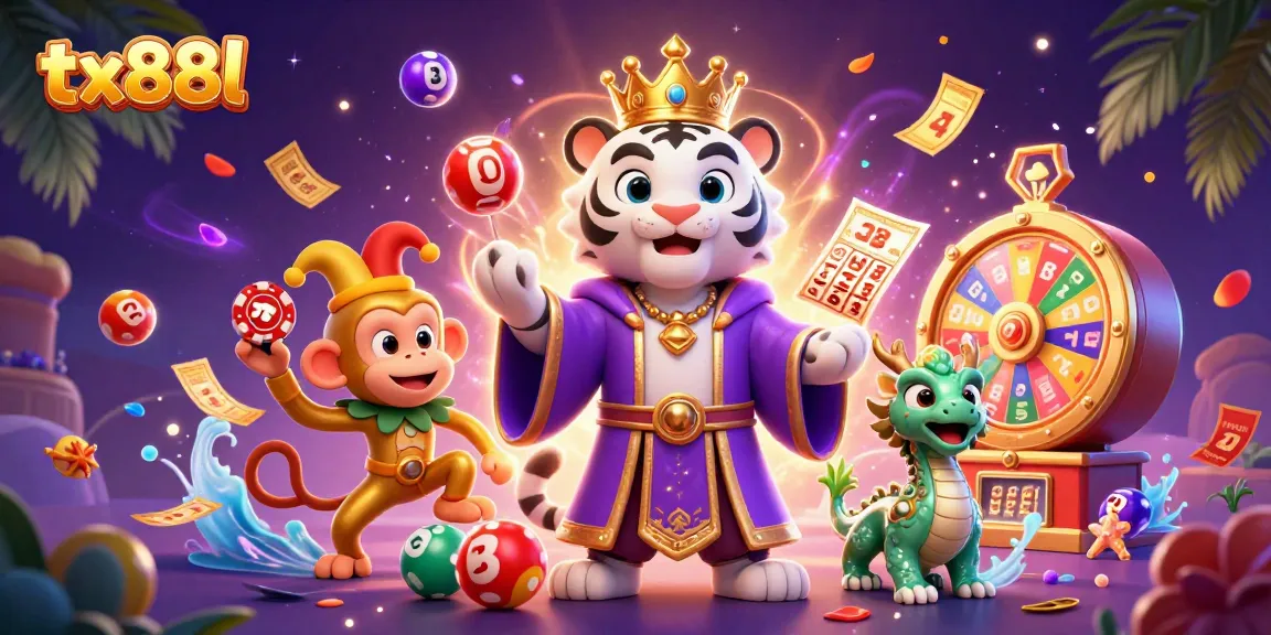 Playful scene showcasing tx88l with a tiger, monkey, and a dragon around exciting casino elements.
