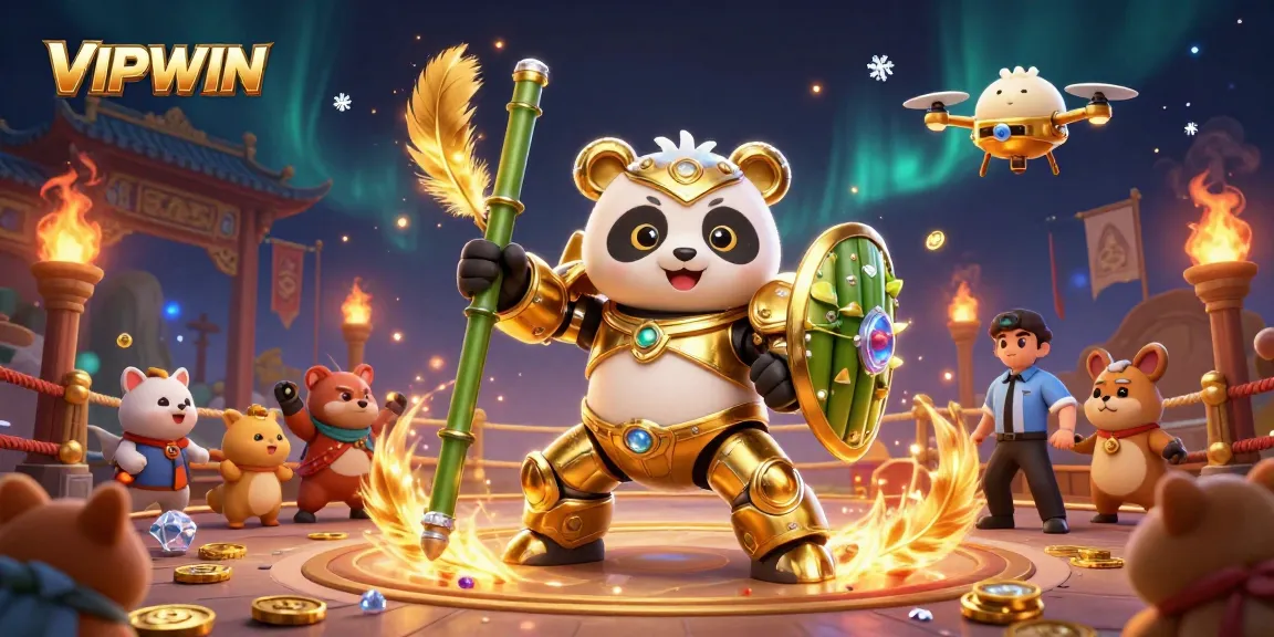 Experience the thrilling action of VIPWIN with a mech-suit golden panda in a dynamic casino arena.