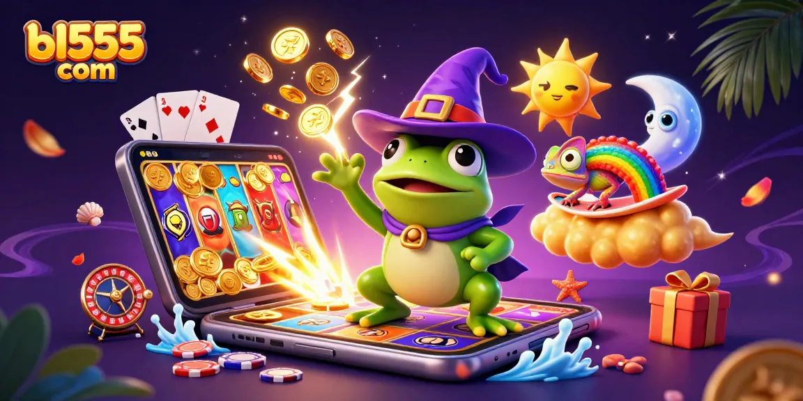 Experience thrilling wins with bl555 com's captivating casino scene featuring colorful characters and games.