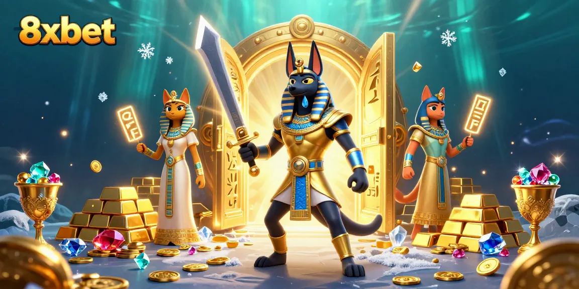 Experience thrilling gameplay with 8xbet as Anubis guards treasures in this captivating casino scene.