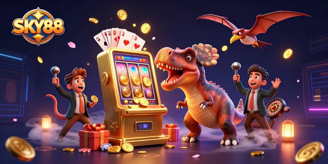 SKY88 casino illustration with a dinosaur winning jackpot coins from a slot machine, dynamic and vibrant!