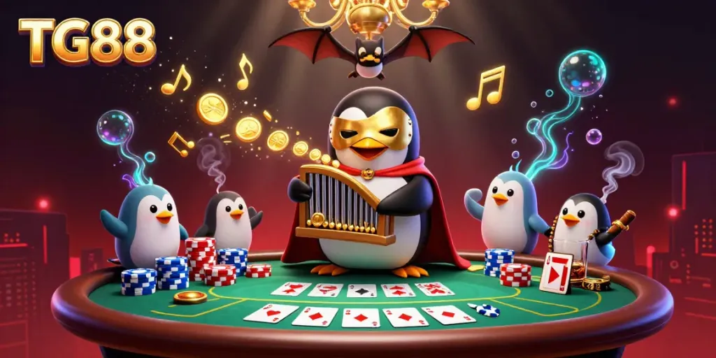 Win big at TG88 while experiencing a dynamic casino scene with a playful penguin and rich gaming elements.