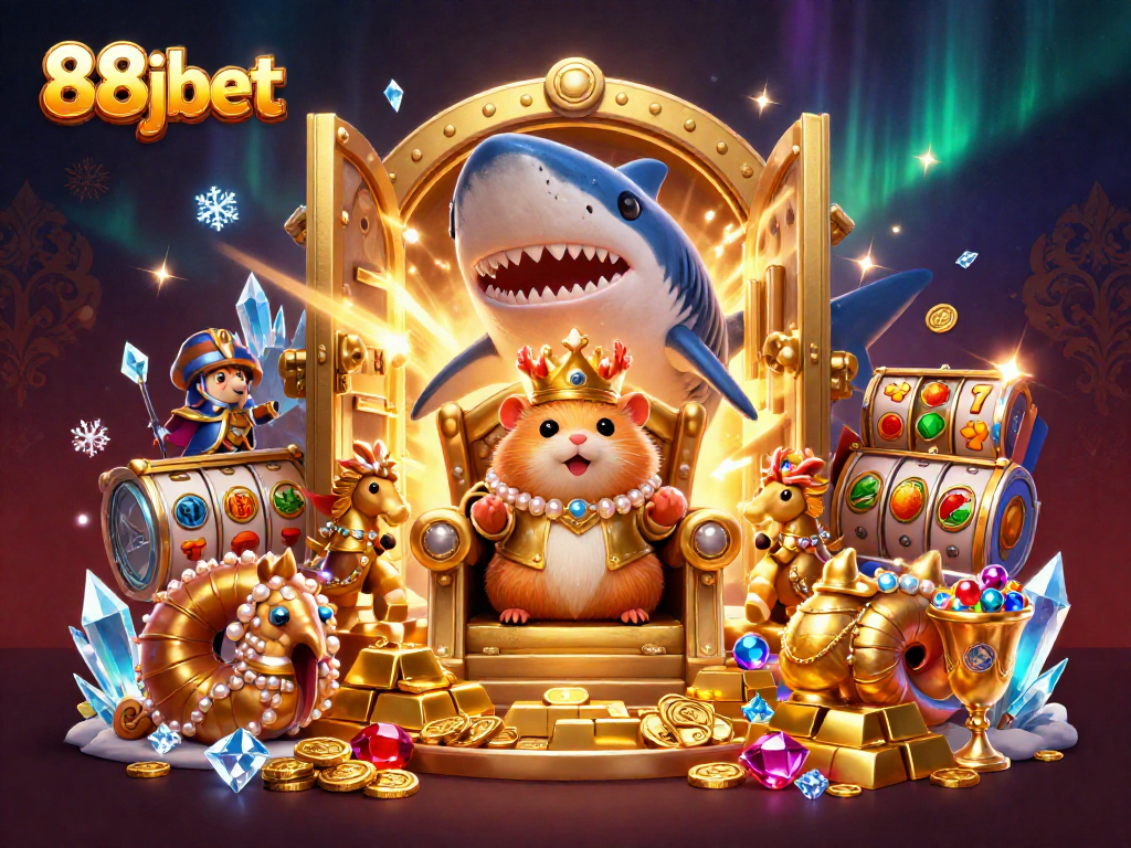 Experience the excitement of 88jbet slots and jackpot games with a golden hamster king surrounded by treasure.