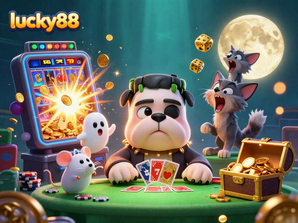 Experience the excitement of lucky88 with a thrilling 3D casino scene featuring unique characters and vibrant gaming elements.