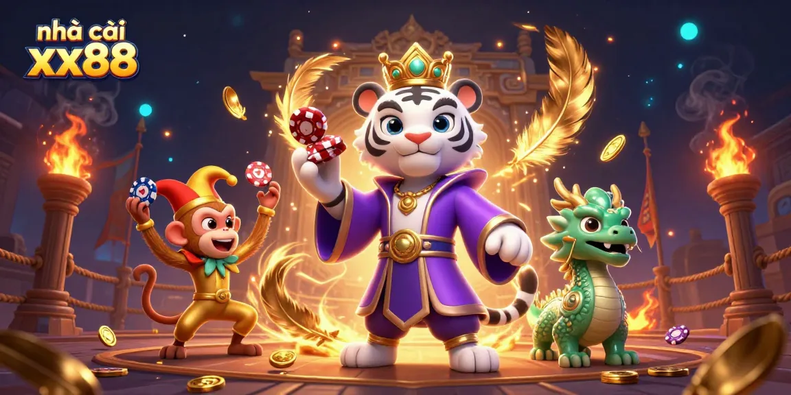 Engage with nhà cái xx88 featuring a royal tiger, playful monkey, and dynamic casino elements.