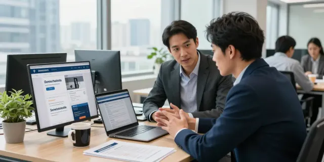 Domeinnaam registreren met professionele ondersteuning in een moderne kantooromgeving.