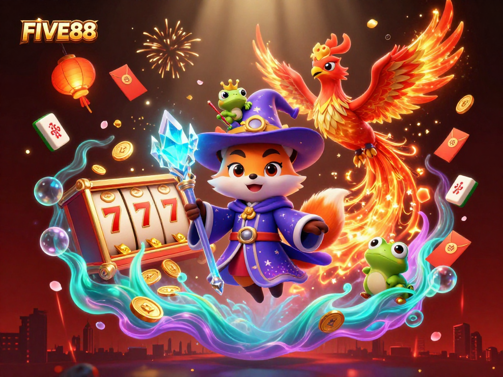 Experience the vibrant energy of FIVE88 with a mystical wizard fox and phoenix in a vivid casino scene.
