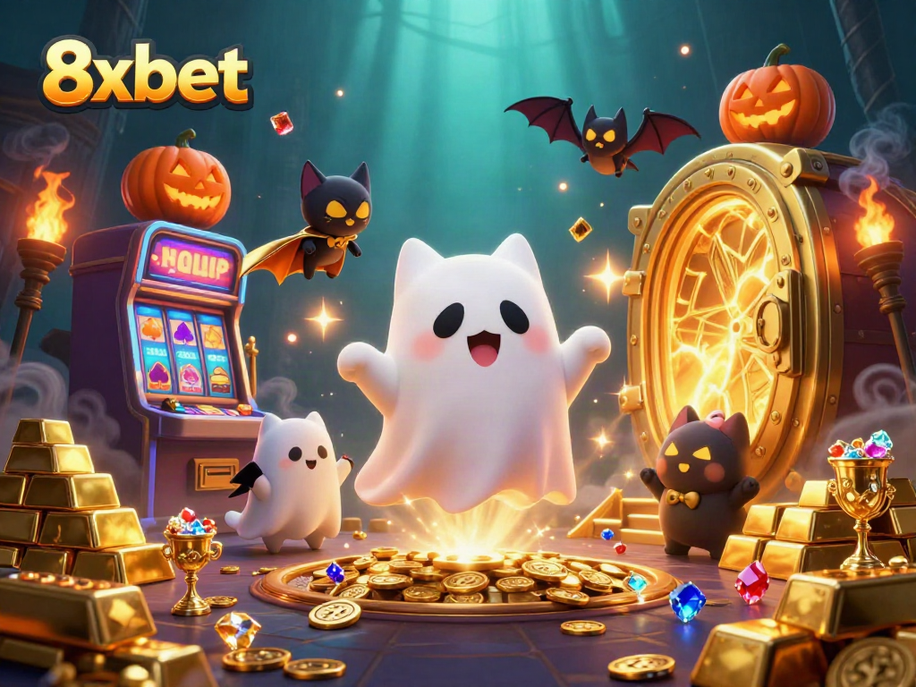 Engage with thrilling slots at 8xbet, featuring a ghost cat and bat amidst glowing treasures