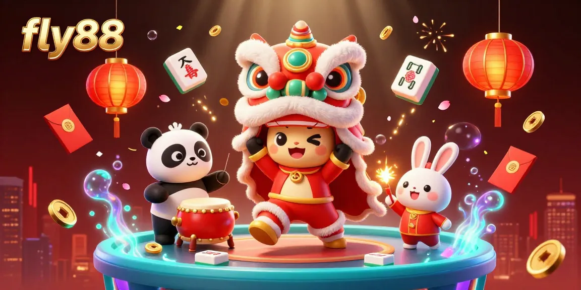 Experience the thrill at fly88 casino with vibrant lion dance, golden mahjong, and festive decorations.