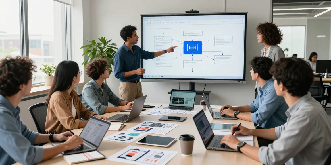 Build internal tools with AI in a modern office showcasing collaborative teamwork and innovative technology.
