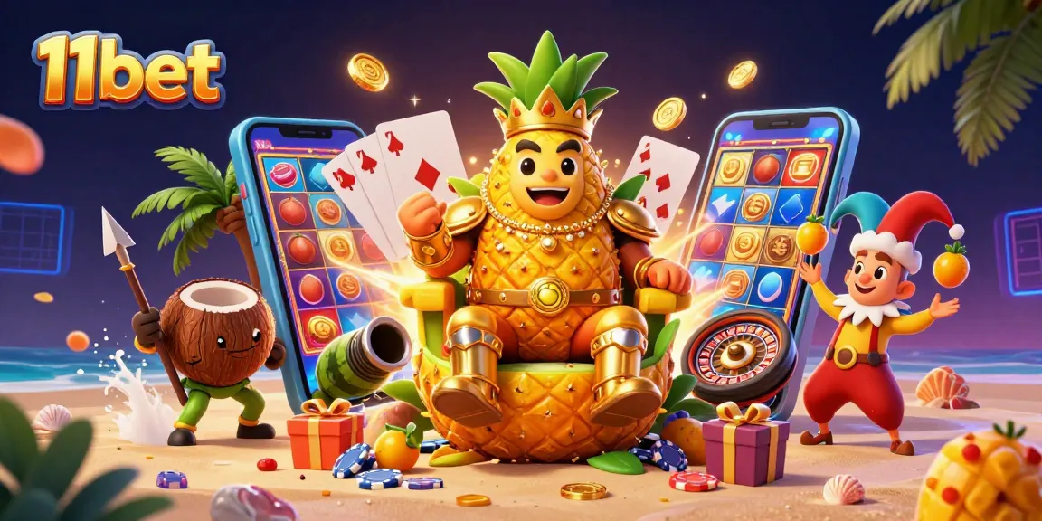 11bet showcases vibrant casino gaming with a golden pineapple king and dynamic gaming elements.
