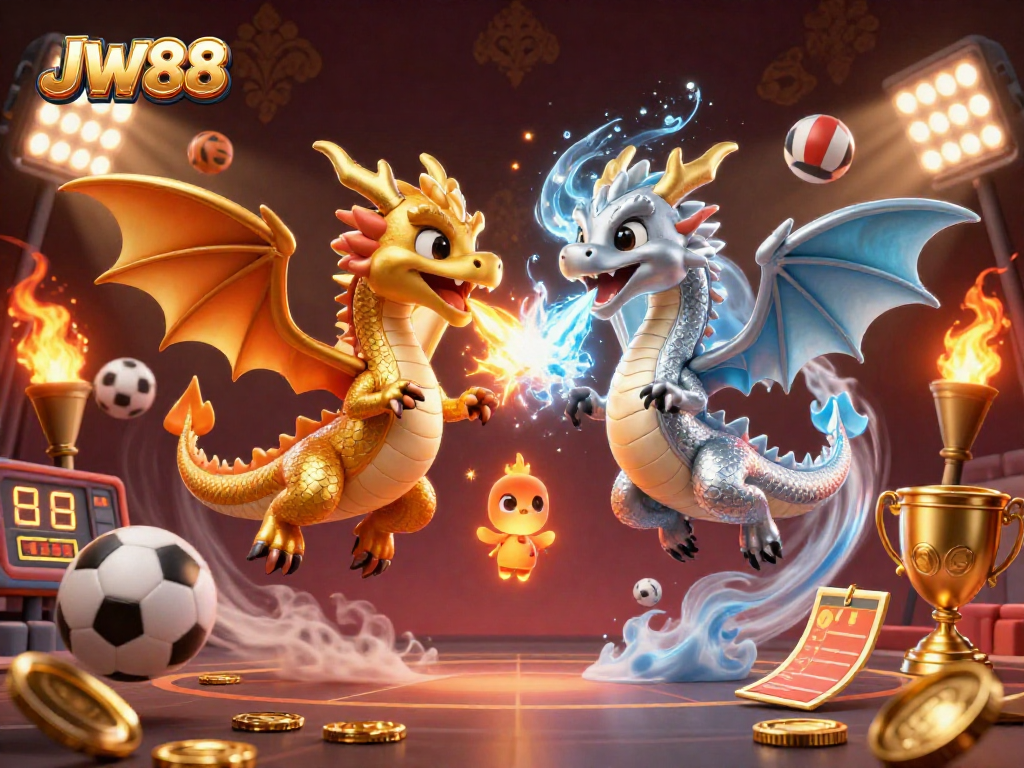 Experience thrilling sports action with JW88 as twin dragons clash in an epic battle amidst vibrant casino elements.