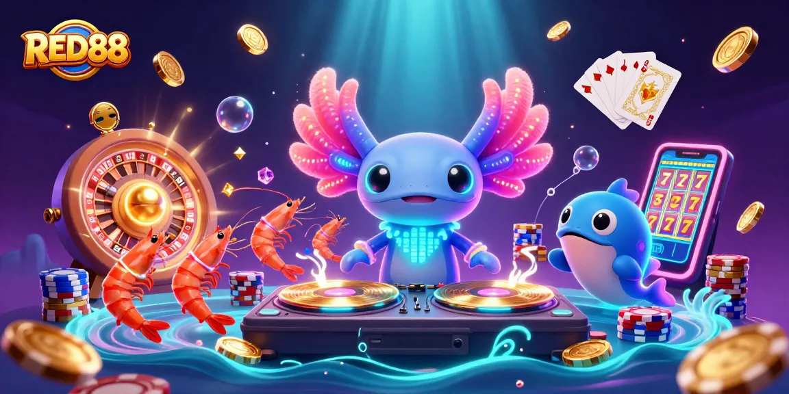 Experience the vibrant world of RED88 with a lively underwater casino scene featuring DJ axolotl and friends.