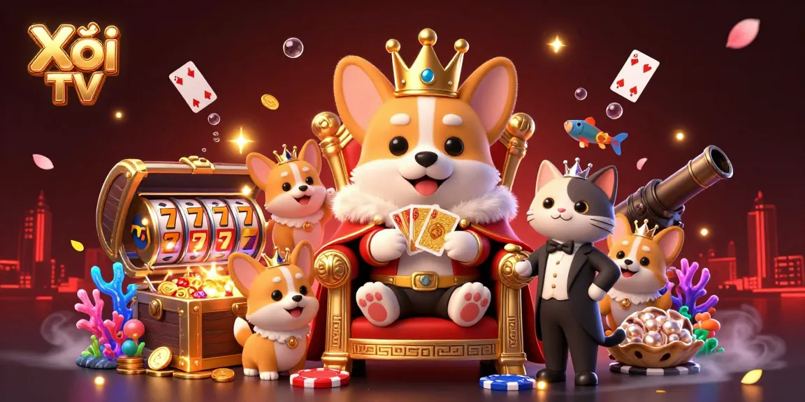 Xôi lạc TV showcases vibrant 3D casino scene with a royal corgi and elements of winning in gameplay.
