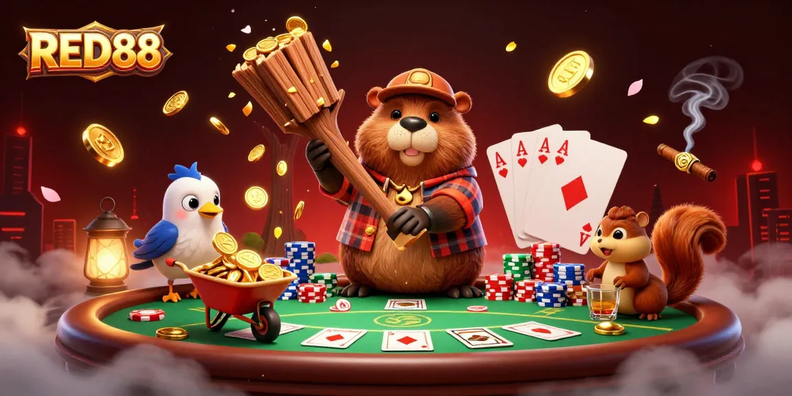 Gathering gold coins at RED88 with a lively casino scene filled with poker chips and vibrant characters.