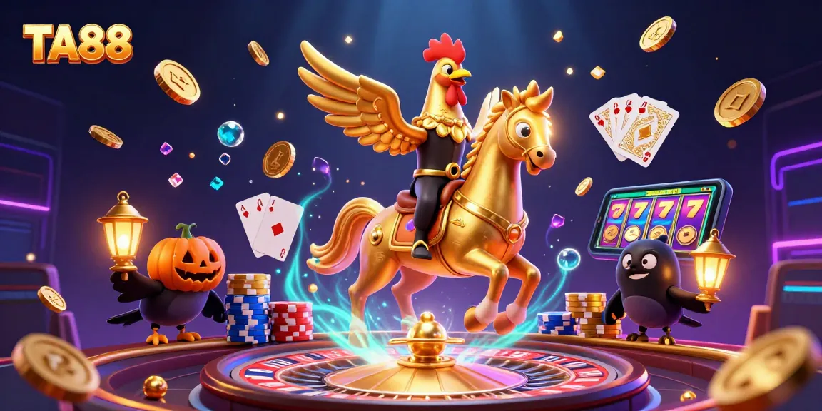 Engage with TA88's thrilling casino atmosphere featuring a golden rooster and vibrant gaming elements.