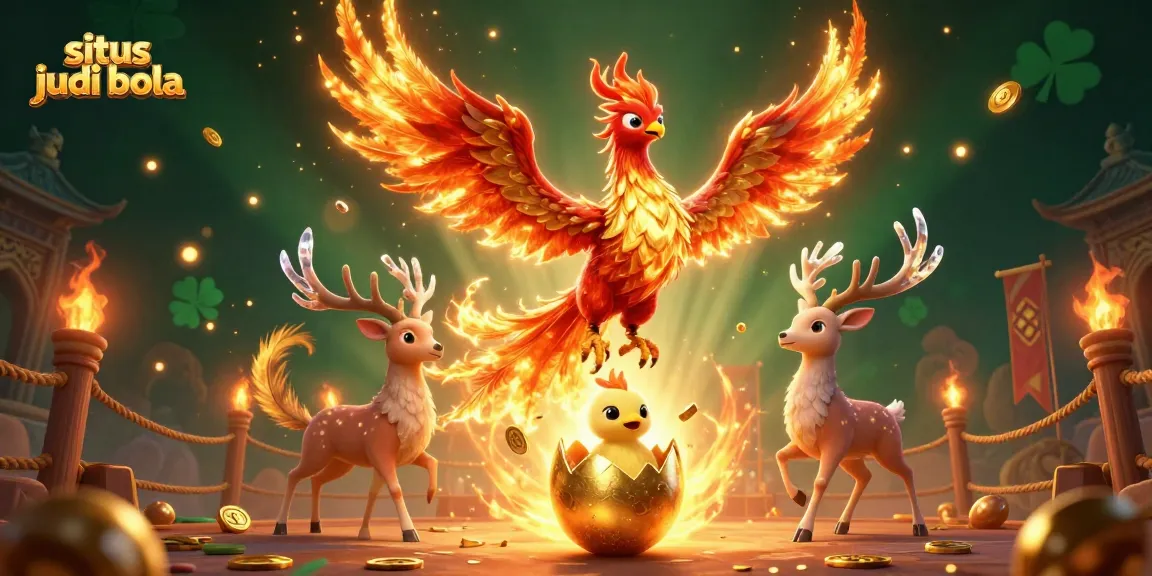 Taruhan situs judi bola dengan phoenix dan stag dalam ilustrasi yang menarik dan dinamis.