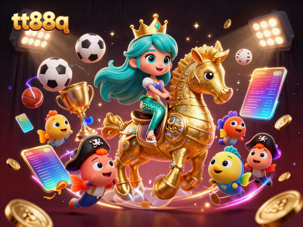 Engage with the vibrant tt88q casino experience featuring a mermaid on a seahorse amidst dynamic sports betting elements.