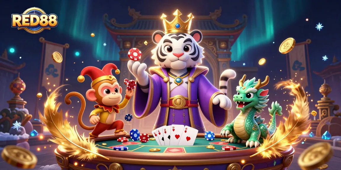 RED88 showcases a vibrant casino scene with a royal tiger and playful monkey in action.