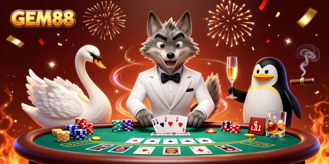 Experience the thrill of gambling at GEM88 with an engaging casino scene featuring unique characters.