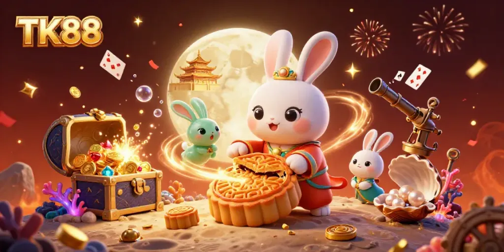 Engage in fun with TK88’s vibrant moon rabbit casino illustration featuring poker chips and treasures.