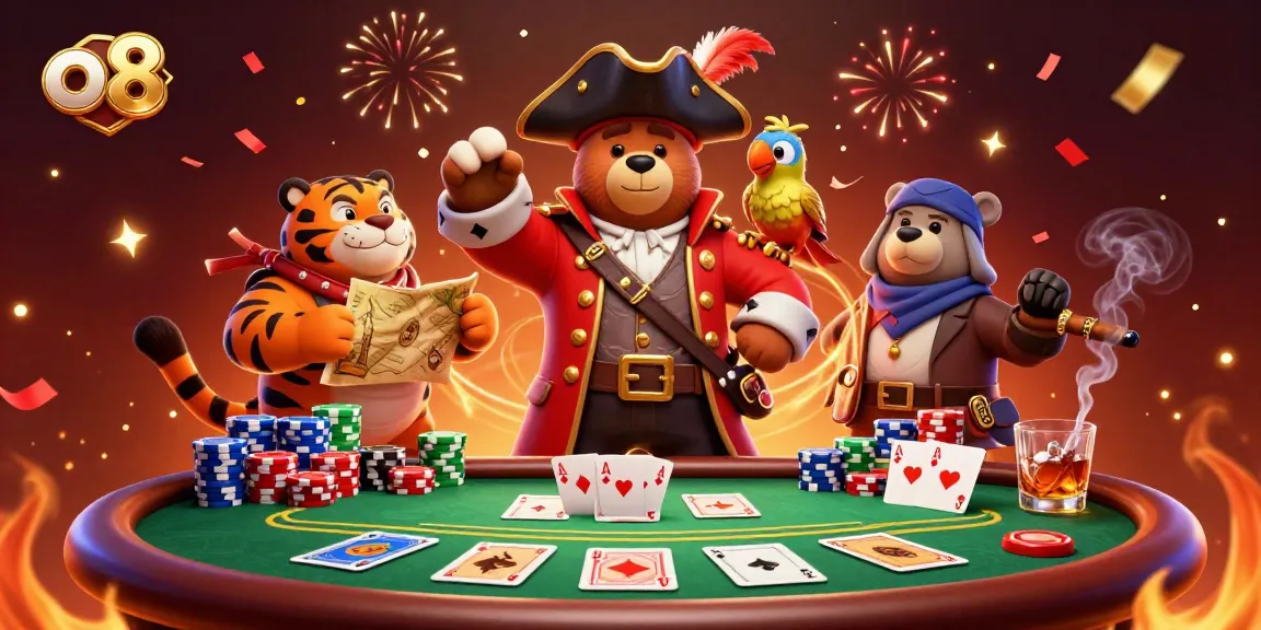 Engage in thrilling poker action at o 8 with a cartoon pirate captain bear, vibrant poker elements, and energetic atmosphere.
