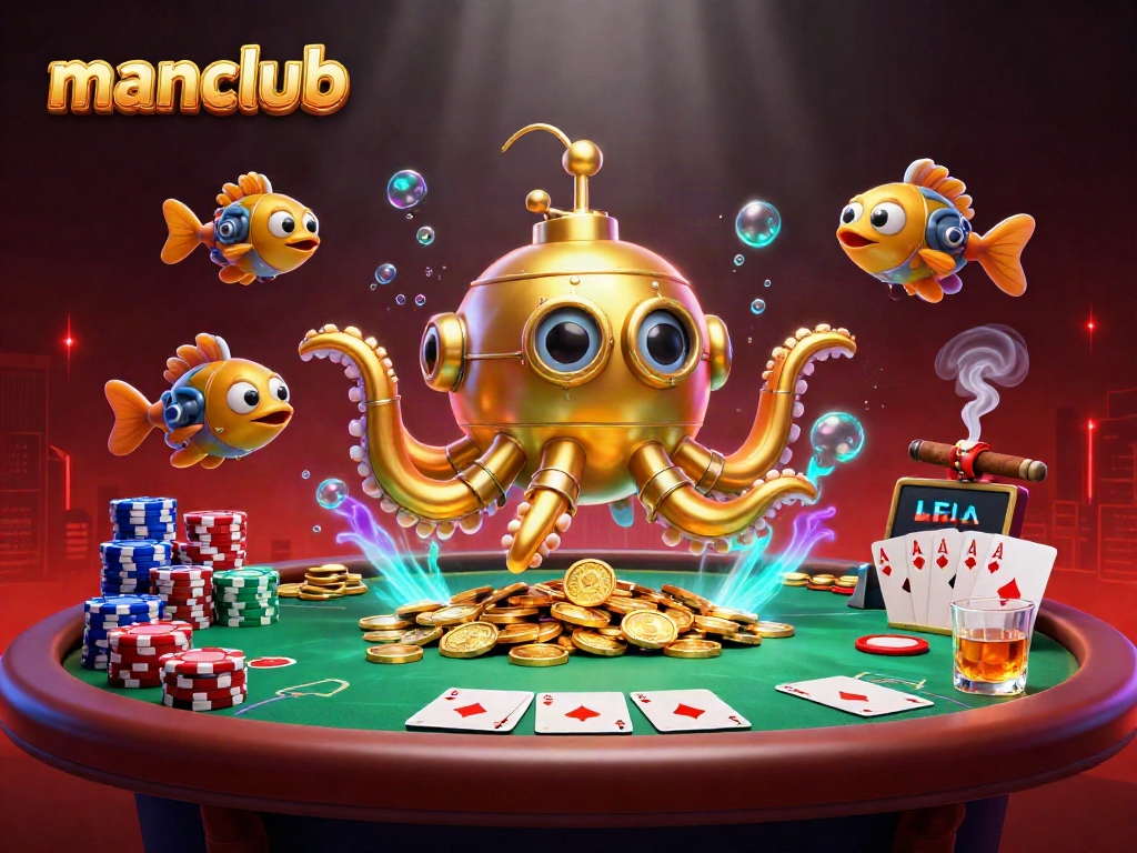 Experience manclub with a vibrant poker scene featuring a golden kraken submarine amidst casino excitement.