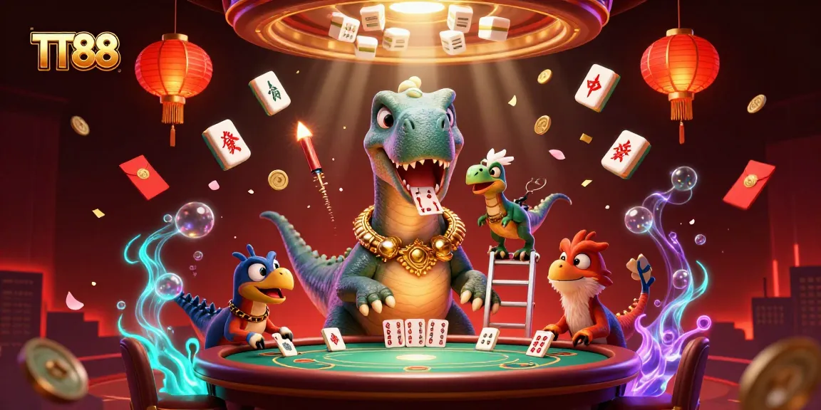 Engage with thrilling TT88 casino games as a towering brontosaurus observes a poker table