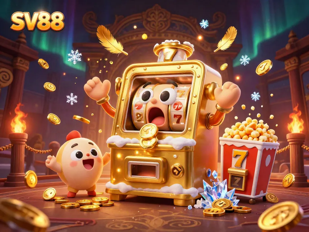 Experience the winning atmosphere at SV88 with a cartoon slot machine jackpot celebration, vibrant and engaging.