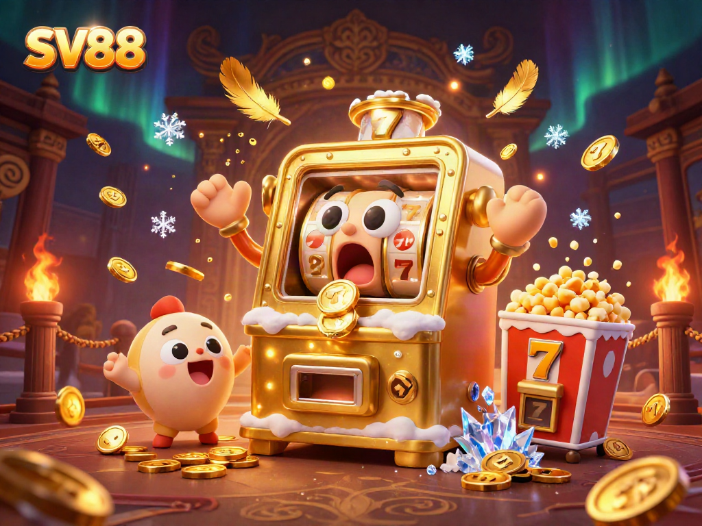 Experience the winning atmosphere at SV88 with a cartoon slot machine jackpot celebration, vibrant and engaging.