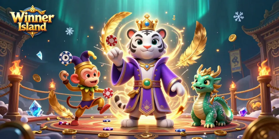 Winner Island Casino showcases an elegant white tiger, playful monkey, and living jade dragon in a vibrant, dynamic gambling scene.