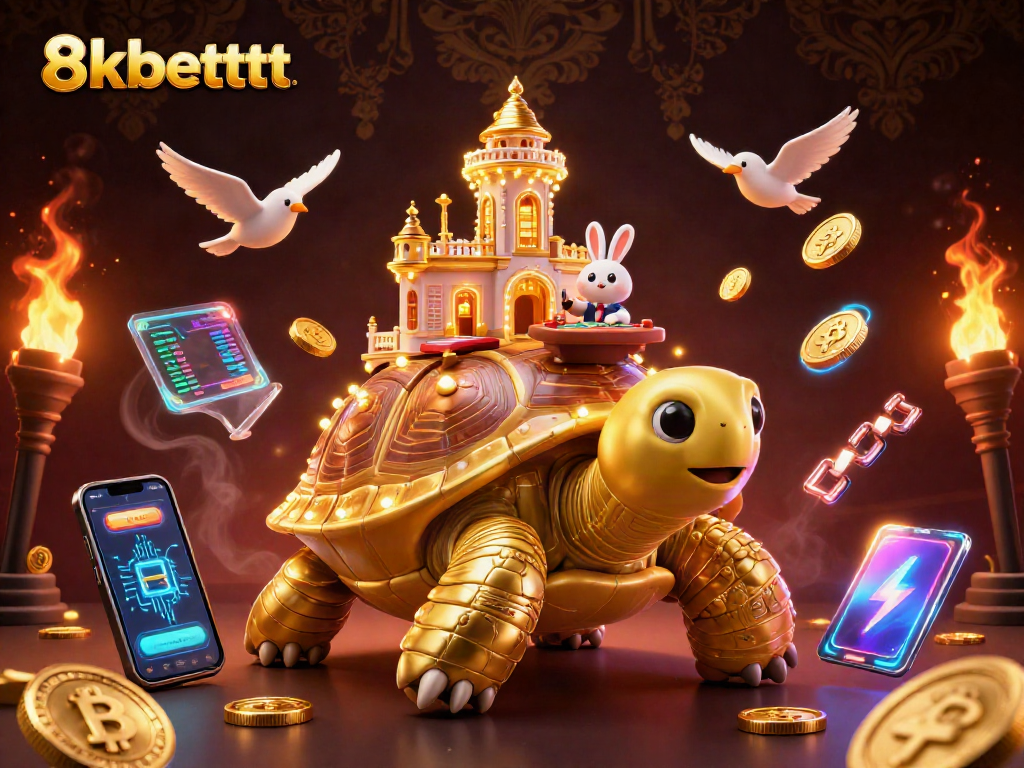 Experience thrills at 8xbetttt with a cartoon golden tortoise casino scene filled with excitement.