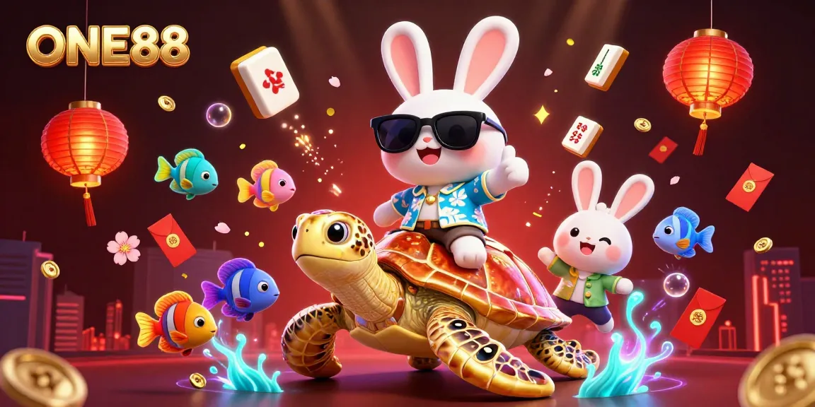 Experience thrilling gaming action at ONE88, featuring a charming rabbit and a golden turtle amidst vibrant casino elements.