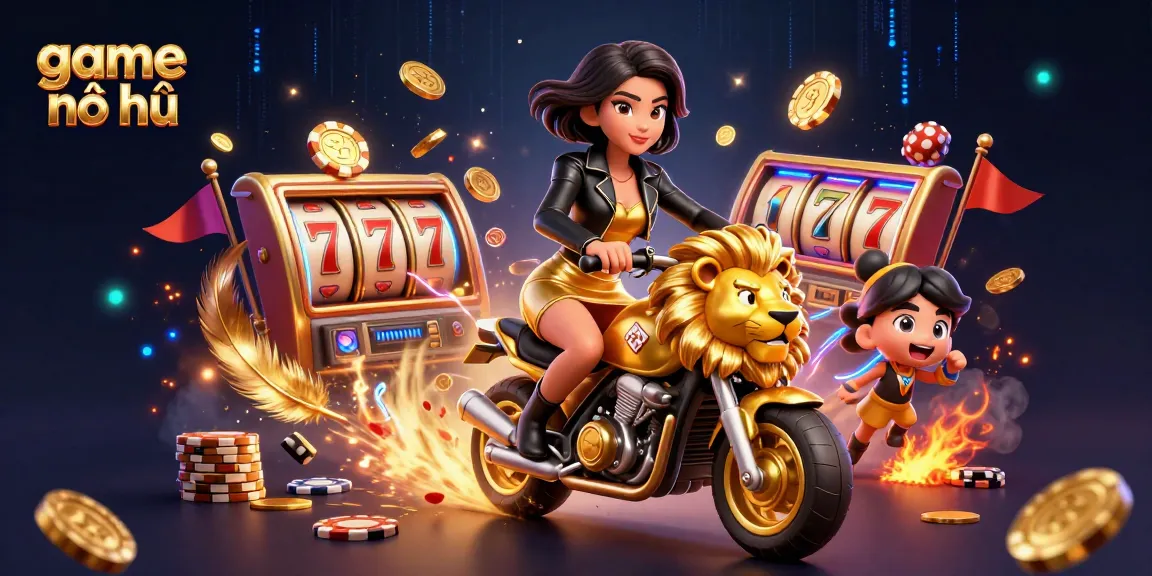 Engage in thrilling game nổ hũ action with a glamorous character riding a golden lion amidst vibrant casino elements.