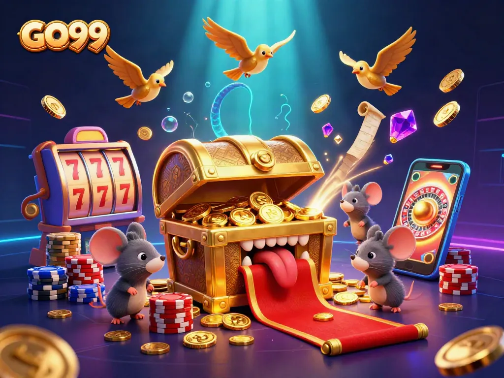 Spin the reels with GO99's thrilling casino experience featuring gold coins and vibrant poker chips.